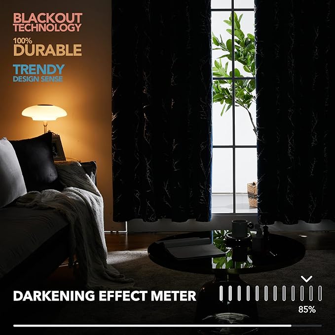 Deconovo Black Blackout Curtains, Thermal Insulated Soundproof Privacy Curtain Drapes, Branch Foil Print, 52 x 63 Inch Long, 2 Panels, Machine‑Washable Window Panel for Bedroom Living Room Office Home