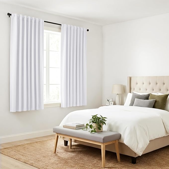 PONY DANCE White 50% Lighting Blocking Curtains for Kitchen, Short Non-See-Through Thermal Insulated Room Darkening Back Tab Small Drapes for Nursery Bedroom Window, W34 x L54, Pure White, 2 Panels