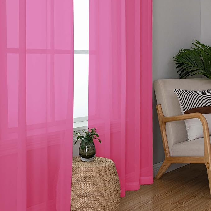 OWENIE Hot Pink Sheer Curtains for Bedroom Living Room 96 Inches Long 2 Panels Set, Soft Solid Light Filtering Clear Sheer Ceiling to Floor for Large Window, 2Pcs, Each 42" W x 96" L, Hot Pink