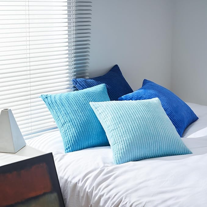 Topfinel Blue Throw Pillow Covers 18x18 Inch Set of 4,Soft Accent Corduroy Decorative Cushion Cover,Square Modern Pillow Case for Beach,Patio,Balcony,Living Room,Summer Gradient Shams Home Decor