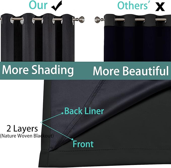 Yakamok 100% Blackout Lined Panels, Thermal Insulated Blackout Curtains for Bedroom, Heat Blocking Drapes for Living Room(62Wx84L, Black, 2 Panels)