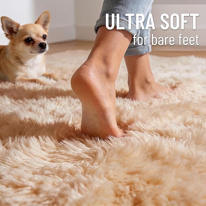 OLANLY 5x10 Machine Washable Large Area Rugs for Living Room, Bedroom, Soft Fluffy Shaggy Bedside Rug, Indoor Floor Carpet for Kids Girls and Boys, Dorms, Nursery, Home Decor Aesthetic, Beige