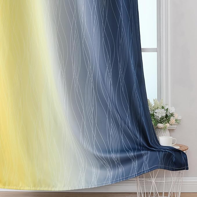 Estelar Textiler Yellow and Navy Blue Ombre Blackout Curtains for Living Room, Thermal Insulated Gradient Blackout Drapes, Full Room Darkening Energy Saving Curtains for Bedroom, 42Wx84L, 2 Panels