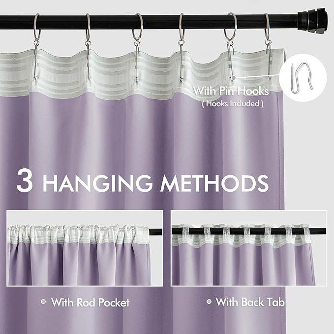 MIULEE Lilac Back Tab Blackout Curtains 108 Inch Long 2 Panels Set for Bedroom, Rod Pocket/Pinch Pleat Extra Long Thermal Insulated Living Room Darkening Pleated Light Blocking Drapes