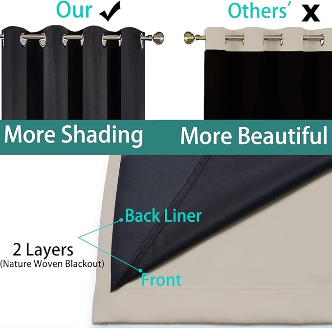 Yakamok 100% Blackout Curtains 72 Inches Long, 2 Thick Layers Heat and Full Light Blocking Soft Thermal Insulated Drapes for Bedroom(52" Wide Each Panel, Natural, 2 Panels)