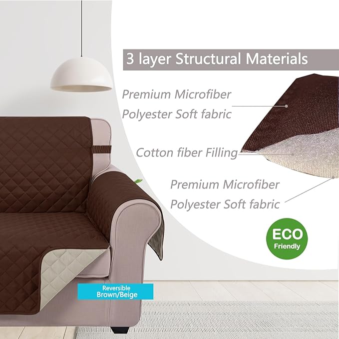 U-NICE HOME Recliner Chair Covers Reversible Quilted Water Repellent Pet Protectors with Elastic Straps (23''Recliner Small, Brown/Beige)