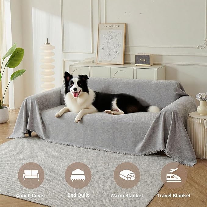 Couch Cover for Dogs, Boho Sofa Covers for 3 Cushion Couch, Chenille Sofa Slipcover for Pets Washable, L-Shape Sectional Couch Loveseat Cover Soft Throw Blankets with Tassels(91x134,Grey)