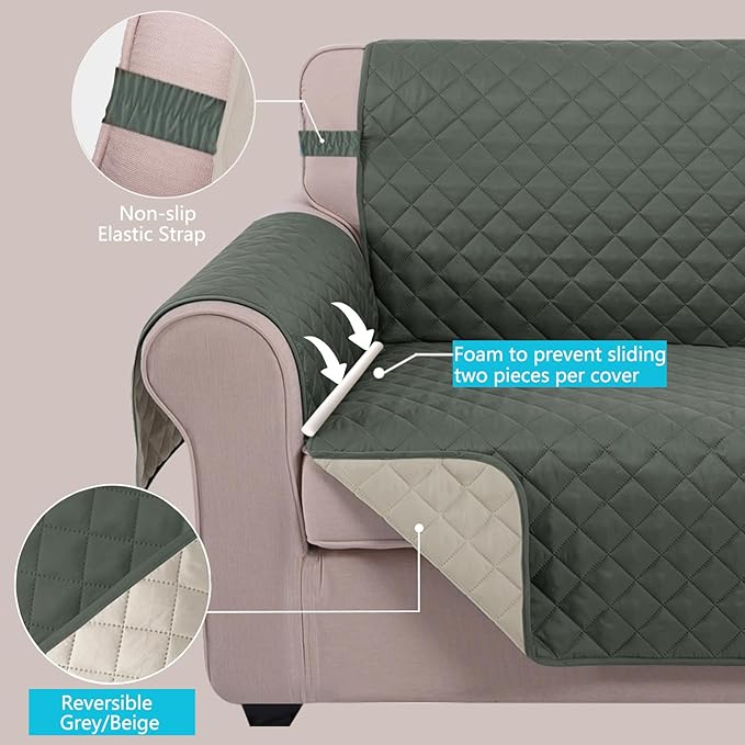 U-NICE HOME Reversible Oversized Chair Covers Quilted Water Repellent Pet Protectors with Elastic Straps(28''Armchair, Grey/Beige)