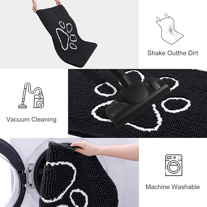 Smiry Dog Door Mat for Muddy Paws, Absorbent Dirt Trapper Non Slip Quick Dry Washable Chenille Mat for Mud Dogs, Entry Rug for Indoor and Outdoor (54x32 Inches, Black and White)