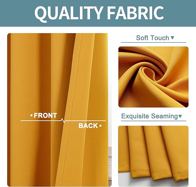 ChrisDowa Grommet Room Darkening Curtains for Bedroom and Living Room - 2 Panels Set Thermal Insulated Blackout Curtains (Mustard Yellow, 42W x 63L)