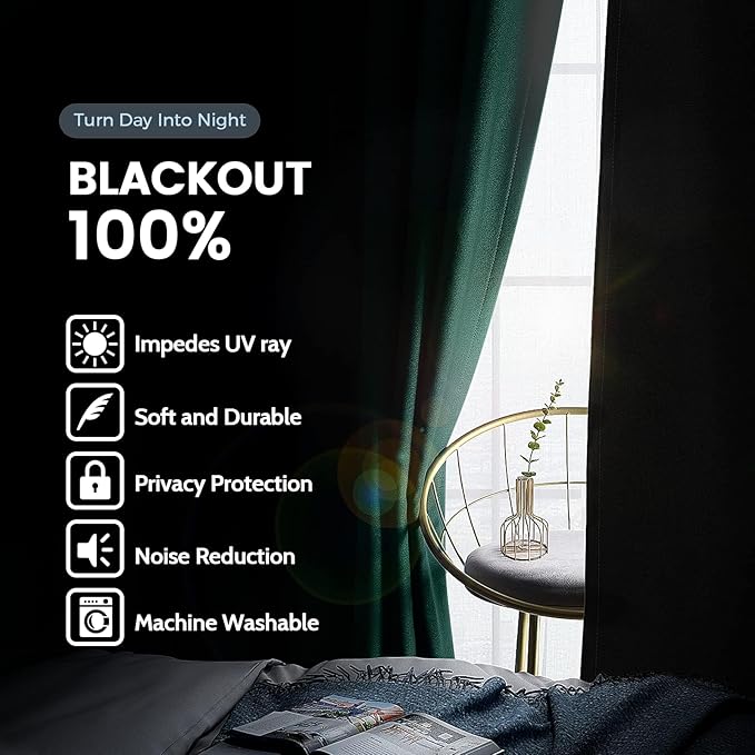 SimpleHome 100% Blackout Curtains for Bedroom,Thermal Insulated Dark Green Grommet Window Drapes Room Darkening Curtains for Living Room with Black Back,38 x 63 Inch,2 Panels