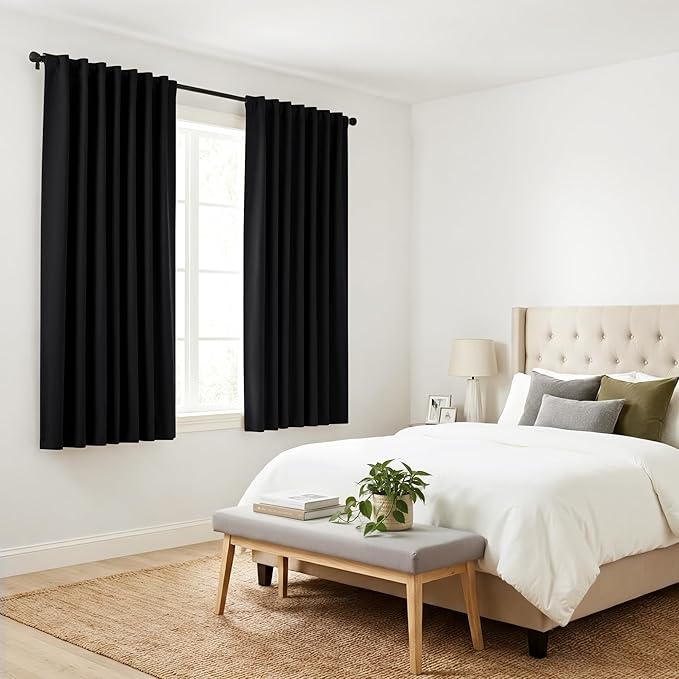PONY DANCE Blackout Curtains for Kitchen - Light Blocking Thermal Insulated Back Tab Draperies Energy Saving/Short Window Treatments, 52 Wide by 63 inch Drop, Black, Double Panels
