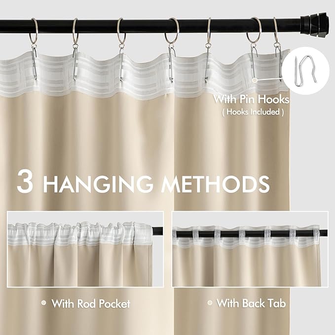 MIULEE Back Tab Cream Beige Curtains 108 Inch Long 2 Panels Set for Living Room Bedroom, Ivory Rod Pocket/Pinch Pleated Light Blocking Extra Long Thermal Insulated Room Darkening Blackout Drapes