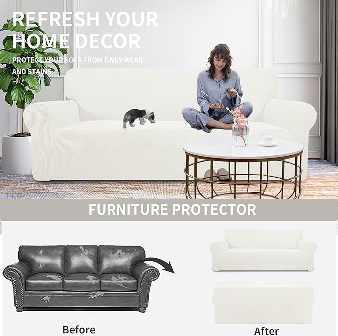 Easy-Going Stretch Sofa Slipcover 1-Piece Sofa Cover Furniture Protector Couch Soft with Elastic Bottom for Kids, Polyester Spandex Jacquard Fabric Small Checks (Sofa, Cream)