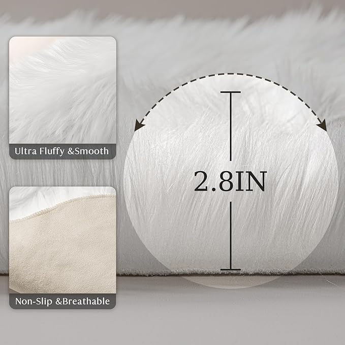Ashler faux fur rug, Fluffy Shaggy Area Rug Ultra Soft 3 x 5 Feet Rectangle Fur Rug White Fuzzy Rug Machine Washable Shag Rug, Nursery Decor Throw Rugs for Bedroom, kids room, Living Room