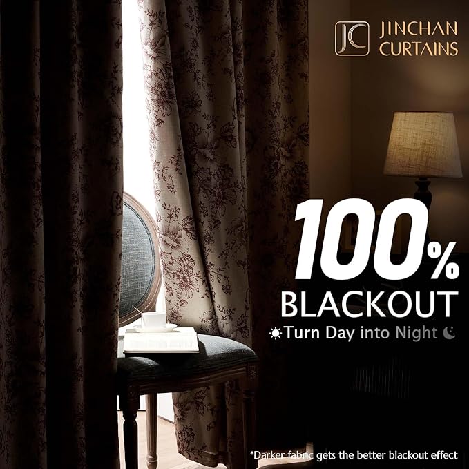 jinchan Blackout Floral Curtains for Living Room Bedroom Linen Blend Curtain Farmhouse Brick Red Printed with Lined Back Tab Rod Pocket Drapes Window Treatments 2 Panels 84 Inch