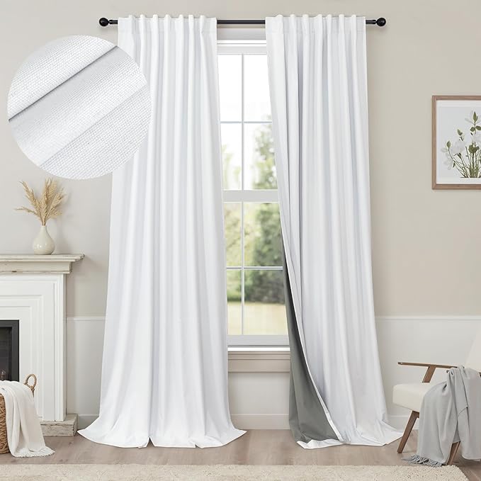 Custom Made Curtains 104 Inches Long 2 Panels Set 100 Percent Blackout Curtain Linen Textured Traverse Light Blocking Drapes for 103 Inch Window Living Room Darkening Nursery 104 Length Back Tab White