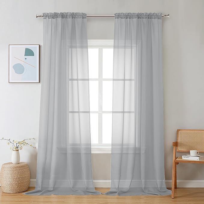 Chyhomenyc Light Grey Sheer Curtains 108 Inches Long - Light Filtering Voile Extra Long Panel Drapes for Floor to Ceiling Window, Elegant Soft Living Room Curtains, Each 42Wx108L Inch, 9FT, 2 Panels