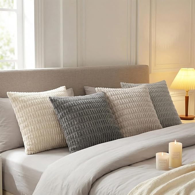 Fancy Homi Set of 4 Grey and White Boho Decorative Throw Pillow Covers 22x22 Inch for Couch Bed Sofa, Aesthetic Modern Bohemian Room Decor, Soft Fuzzy Cozy Corduroy Textured Cushion Case 55x55cm