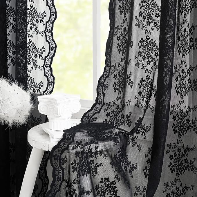 YJ YANJUN Vintage Lace Curtains 63 Inch Length-Victorian Floral Pattern Black Sheer Curtain Panels for Living Room Bedroom,Light Filtering, Gothic Witchy Halloween Drapes 2 Panels 52W x 63L