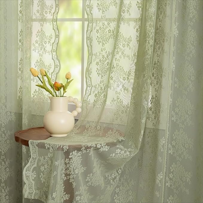 YJ YANJUN Vintage Lace Curtains 120 Inch Length-Victorian Floral Pattern Sage Green Sheer Curtains for Big Window 10 FT Tall Spring Bohemian Cottage Core Decor 52 x 120 Inch Sage 2 Panels