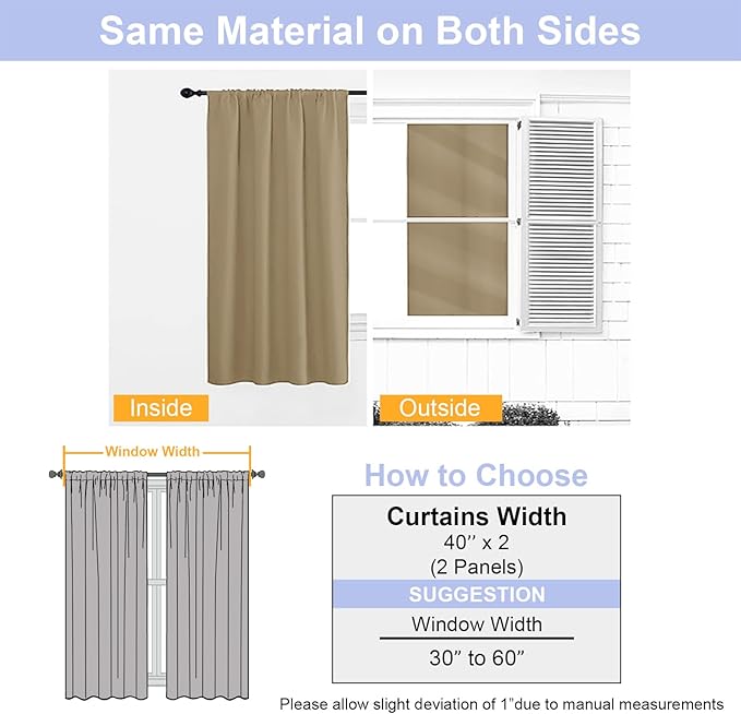 Simplebrand Ava Taupe Blackout Curtains for Bedroom, 72 Inch Length, 2 Panels Set, Privacy Thermal Insulated Rod Pocket Curtains for Patio, French Door, W40 x L72 Inch