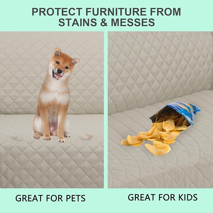 Reversible Couch Cover for 3 Cushion Couch for Pet Friednly Sofa Cover for Dogs Water Resistant Furniture Protector Washable with Elastic Straps(Sofa,Beige/Beige)