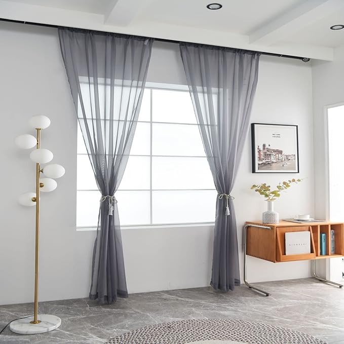 SpaceDresser Sheer Voile Window Treatment Rod Pocket Curtain Panels for Kitchen Bedroom Living Room Drapes Sunlight Filtering Privacy Semi Home Decor Assorted Colors Sizes (Grey, 52 W x 108 L)