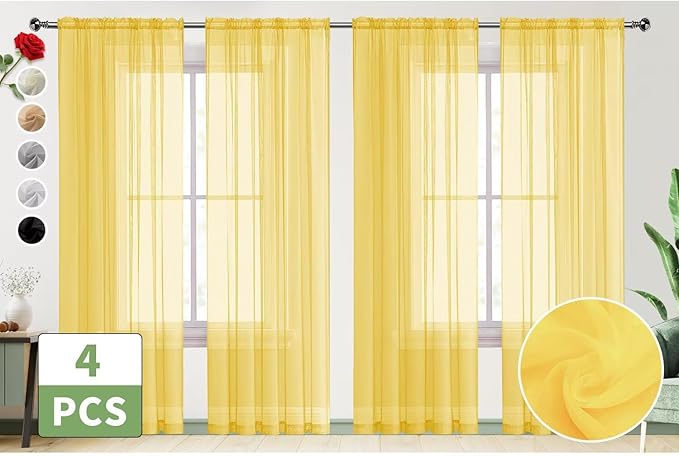 SpaceDresser Yellow Sheer Curtains 4 Panels Rod Pocket Semi-Sheer Curtain 96 Inches Long Light Filtering Voile Window Drapes for Bedroom Living Room Kitchen, Each 52W x 96L