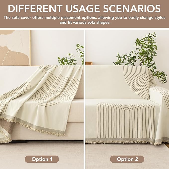 Boho Sofa Covers for 3 Cushion Couch, Chenille Sofa Slipcover for Pets Washable, L-Shape Sectional Loveseat Cover Soft Throw Blankets with Tassels(91x134,Arc Beige)