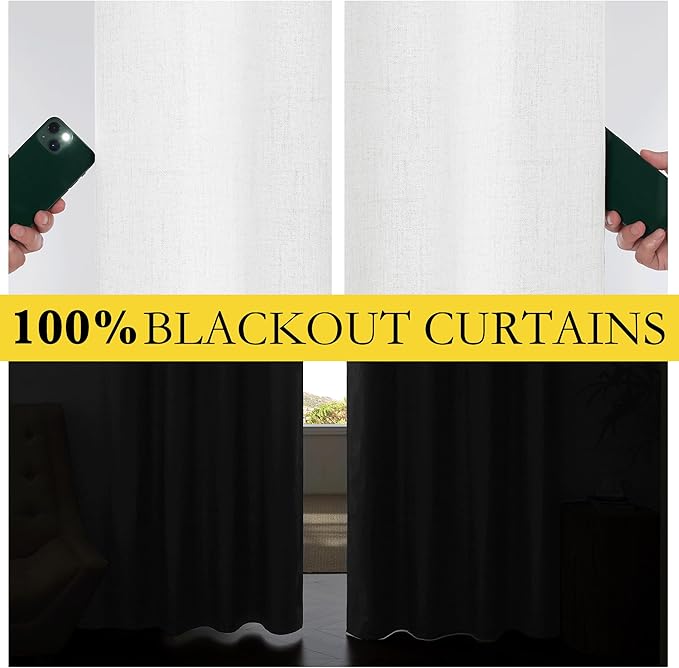 NICETOWN 100% Absolutely Blackout Linen Curtains with Thermal Insulated Liner, Greyish White, 62" Wide, 108" Length Energy Saving Curtains for Living Room 2 Panels Set, Vertical Blinds
