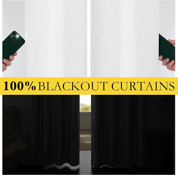 NICETOWN 100% Absolutely Blackout Linen Curtains with Thermal Insulated Liner, Greyish White, 42" Wide, 90" Length Energy Saving Curtains for Living Room 2 Panels Set, Vertical Blinds