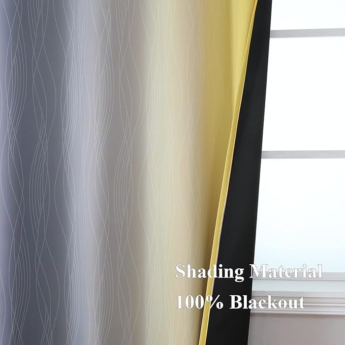 Ombre Gray and Yellow Blackout Curtains 45 Inch Length 2 panels, Full Room Darkening Curtains for Kids Room, Grommet Thermal Insulated Gradient Drapes, Light Blocking Curtains for Bedroom, 52x45 Inch