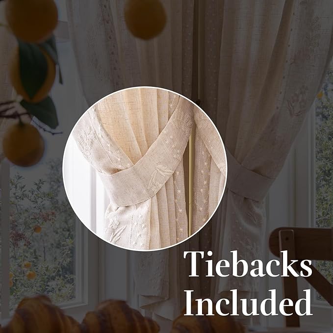 jinchan Belrose Linen Floral Cafe Curtains 54 Inch Length Embroidered Farmhouse Curtains for Kitchen Bedroom Bathroom Small Windows Curtain Set Light Filtering 2 Panels Ivory