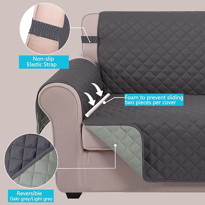 U-NICE HOME Loveseat Sofa Cover Reversible Couch Covers for 2 Cushion Couch for Dogs Furniture Protector Cover with Elastic Straps Water Resistant(Loveseat Small, Dark Grey/Light Grey)