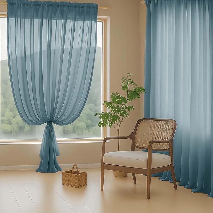 Sheer Curtains for Window 96 Inches Long 2 Panels, Soft Airy Light Filtering Voile Sheer Curtains for Living Room Bedroom, Dual Rod Pocket Elegant Window Drapes, Dusty Blue, 2x42Wx96L Inches