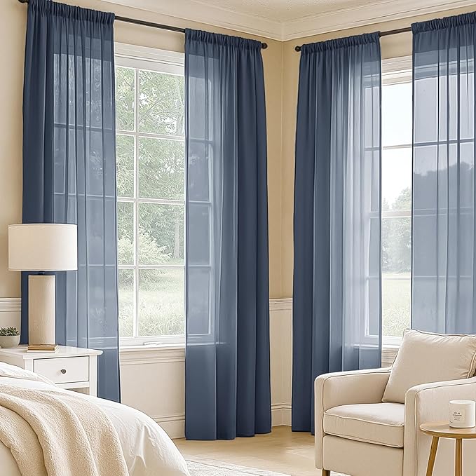 MIULEE Navy Blue Sheer Curtains 96 Inches Long, 4 Panels Set, Light Filtering Rod Pocket Voile Drapes Window Treatments, Semi Transparent Airy Fabric for Bedroom and Living Room, 54 x 96 Inches
