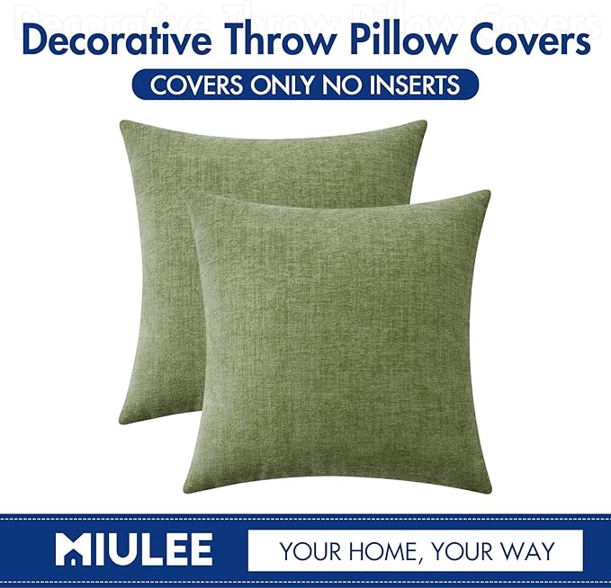 MIULEE Pack of 2 Couch Throw Pillow Covers 22x22 Inch Spring Soft Sage Green Chenille Pillow Covers for Sofa Living Room Solid Dyed Pillow Cases