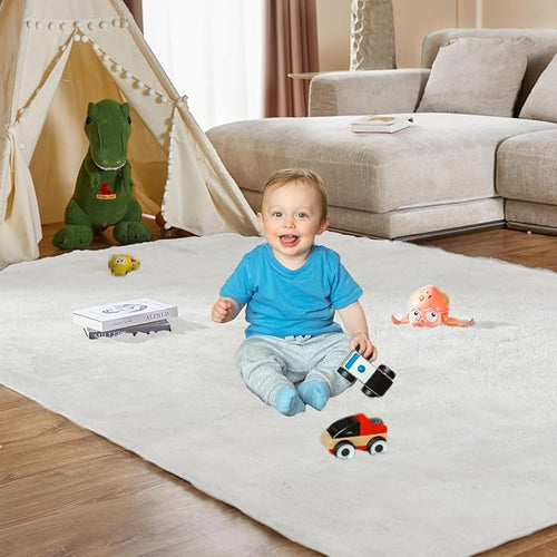 5x7 Cream White Cozy Shag Fluffy Area Rug for Living Room, Bedroom, and Playroom - Anti-Skid & Aesthetic Indoor Floor Carpet for Kids Boys Girls - Rectangular Soft Nursery Rug, Furry & Large