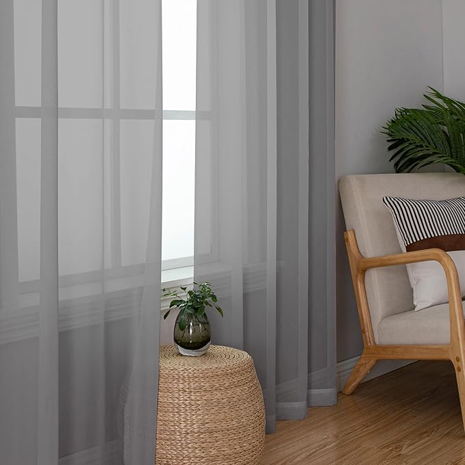Chyhomenyc Charcoal Grey Sheer Curtains 108 Inch Length 2 Panels, Extra Long Light Filtering Solid Voile Window Drapes for Patio/Living Room/Wedding/Party Ceremony, 2 Panels, 9FT Length