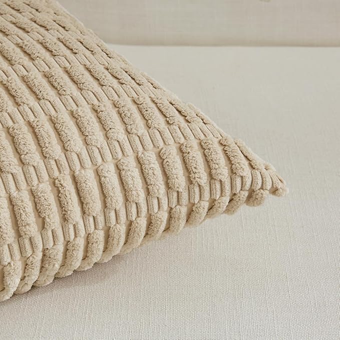 Fancy Homi 4 Packs Tan Decorative Throw Pillow Covers 12x24 Inch for Living Room Couch Bed Sofa, Beige Rustic Farmhouse Boho Home Decor, Soft Plush Striped Corduroy Square Cushion Case 30x60 cm