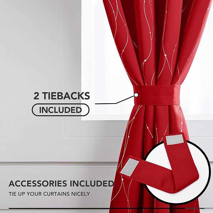 Deconovo Red Curtains, Christmas Drapes, Blackout Thermal Insulated Noise‑Reduced Drape, Wave Line Dot Foil Print, 52 x 63 Inch, 2 Panels, Machine‑Washable Window Curtain for Party Living Room Bedroom