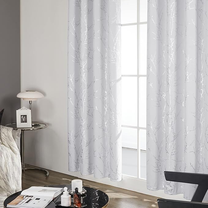Deconovo Greyish White Curtains, Room Darkening Curtain, Thermal Insulated Soundproof Drapes, Silver Branch Print, 42 x 72 Inch Long, Grommet Window Panels for Living Room Bedroom Nursery, Set of 2