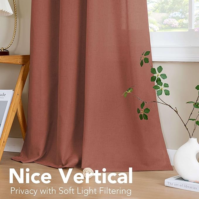 H.VERSAILTEX Living Room Linen Curtains - Semi Sheer, Nickel Grommet, Energy Saving, Light Filtering Window Treatments - Panels for Bedroom, Rust, 2 Panels, 52 x 96 Inch