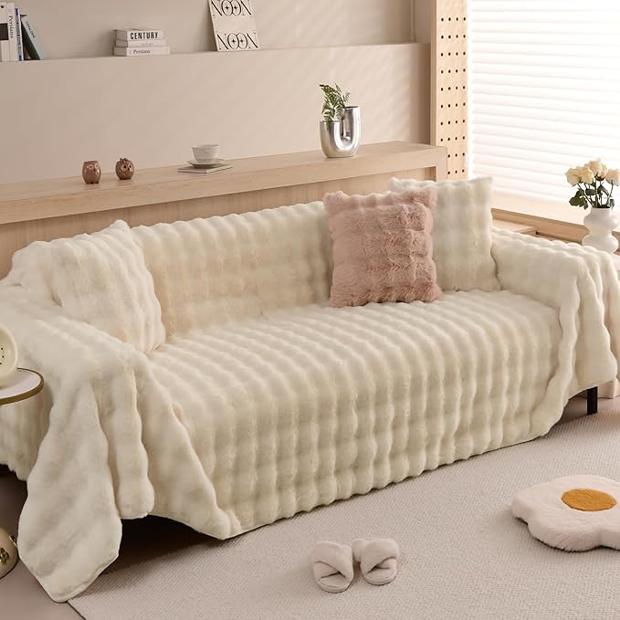 HANDONTIME Shaggy Couch Cover for Dogs Rabbit Plush Loveseat Cover Dog Couch Cover Protector Plush Faux Fur Couch Covers for Sectional Sofa Cozy Washable Sofa Covers for Living Room, 71" X150", Beige