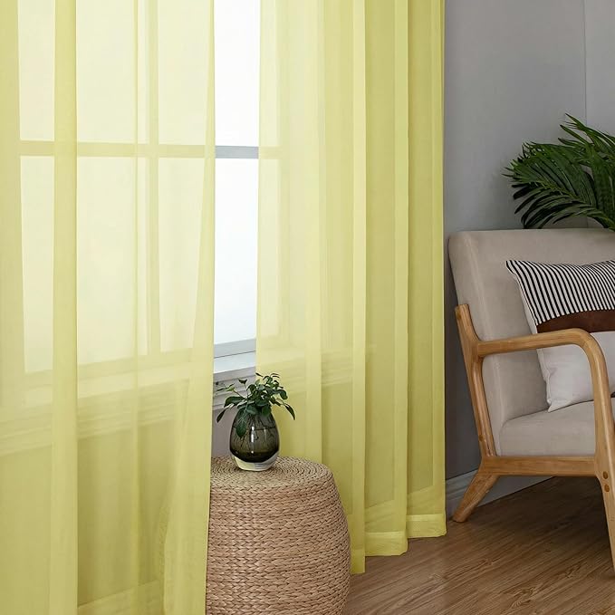 OWENIE Sheer Curtains 84 inches Long 2 Panels Set for Living Room/Bedroom, Rod Pocket Voile Sheer Panel Drapes, Airy Soft Fabric Window Treatments, 2pcs, Each 42" W x 84" L, Light Yellow