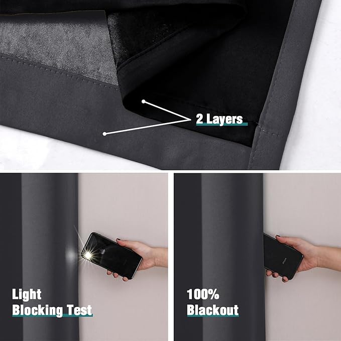 ChrisDowa 100% Blackout Curtains for Bedroom with Black Liner, 2 Thick Layers Total Blackout Thermal Insulated Grommet Window Curtains 84 Inch Long 2 Panels Set (Dark Grey, 42 x 84 Inch)