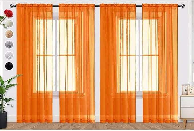 SpaceDresser Orange Sheer Curtains 4 Panels Rod Pocket Semi-Sheer Curtain 108 Inches Long Light Filtering Voile Window Drapes for Bedroom Living Room Kitchen, Each 52W x 108L