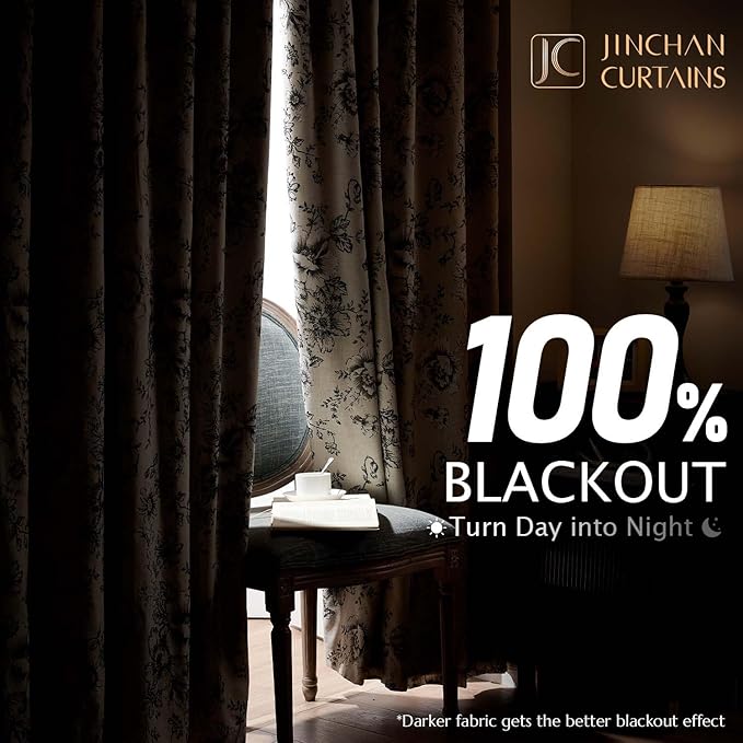 jinchan Blackout Floral Curtains for Living Room Bedroom Linen Blend Curtain Farmhouse Black Printed with Lined Back Tab Rod Pocket Drapes Window Treatments 2 Panels 120 Inch