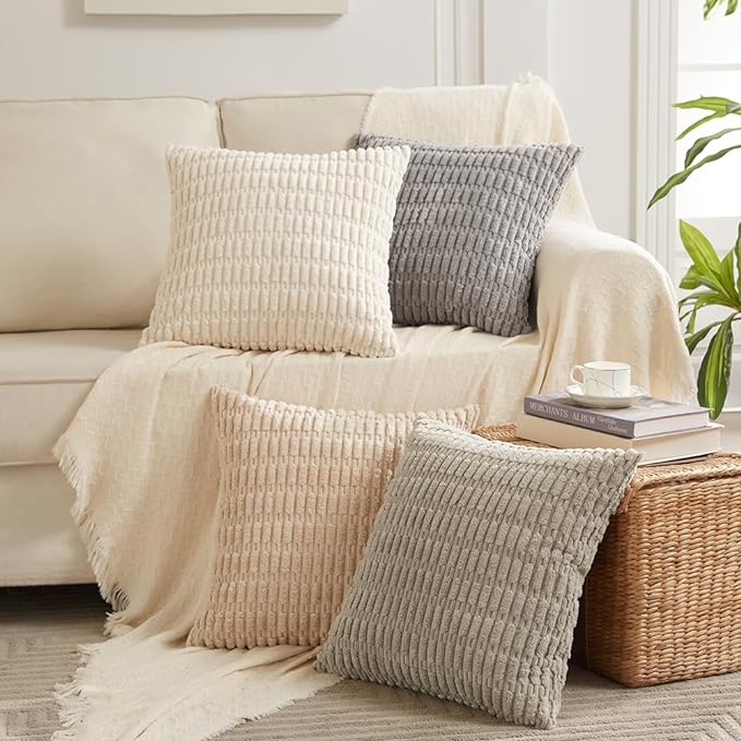 Fancy Homi 4 Packs Tan Decorative Throw Pillow Covers 18x18 Inch for Living Room Couch Bed Sofa, Beige Rustic Farmhouse Boho Home Decor, Soft Plush Striped Corduroy Square Cushion Case 45x45 cm